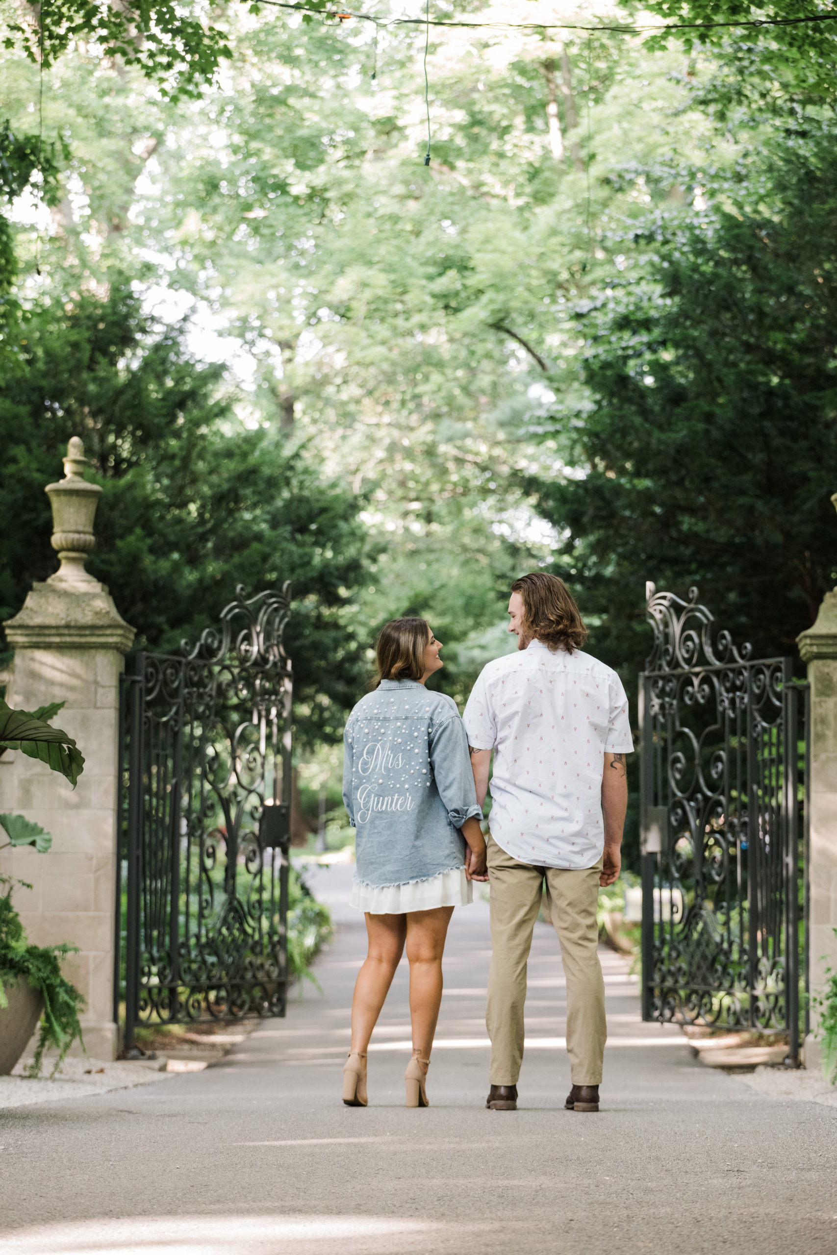 A personalized denim pearl embellished shirt or jacket is the perfect accessory for your engagement session.