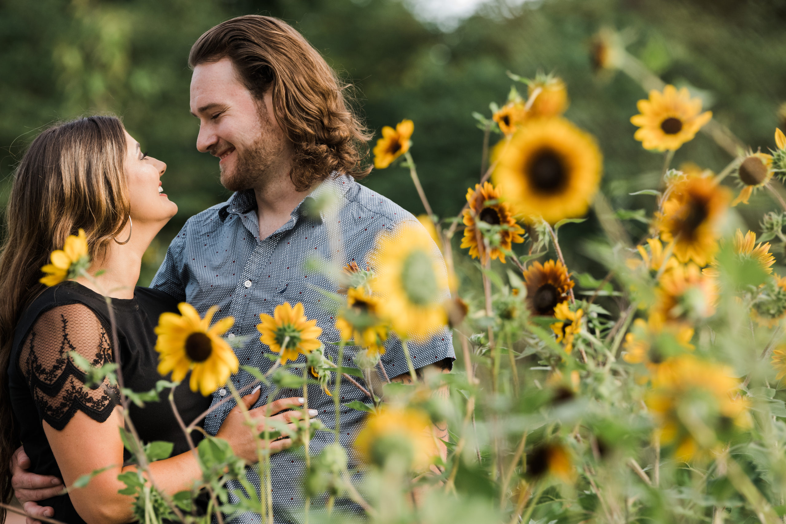 Sunflower engagement photo captured at Newfields in Indianapolis, Indiana.