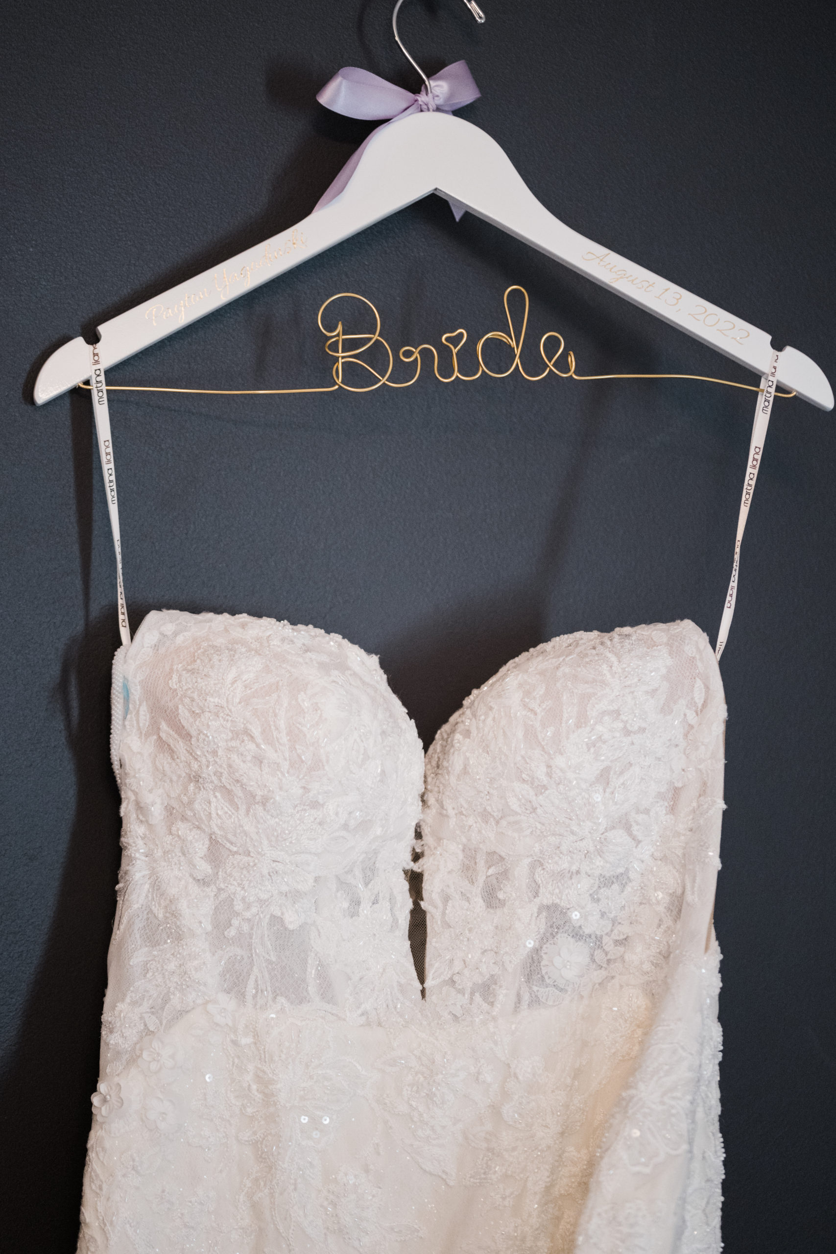 Bride dress and hanger Black Iris wedding Carmel, Indiana