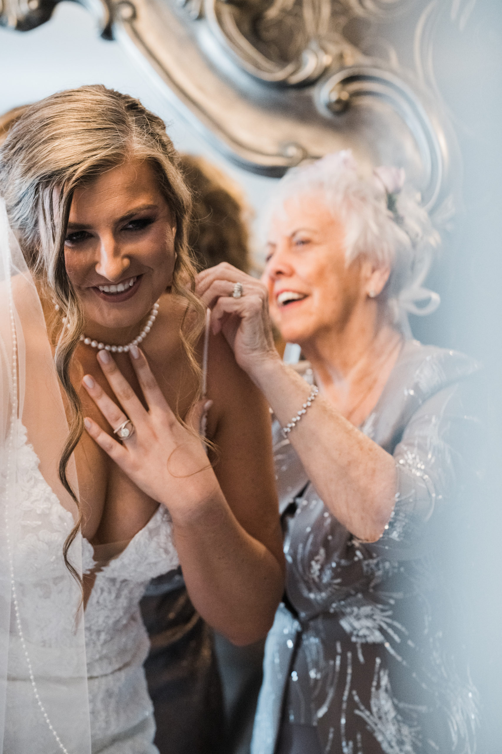 Bride wearing grandma's pearls Black Iris wedding Carmel, Indiana