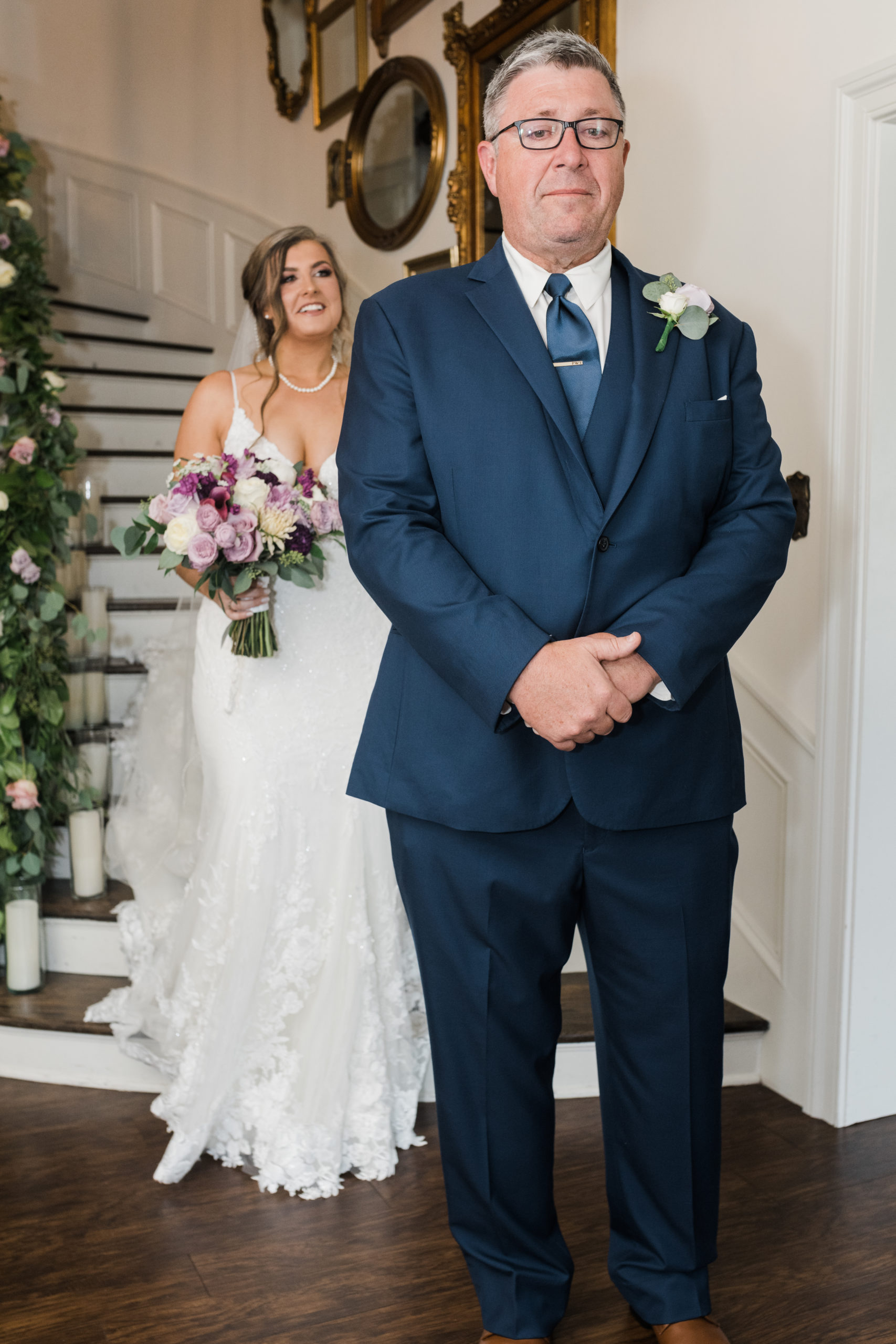 Bride's first look with dad Black Iris wedding Carmel, Indiana