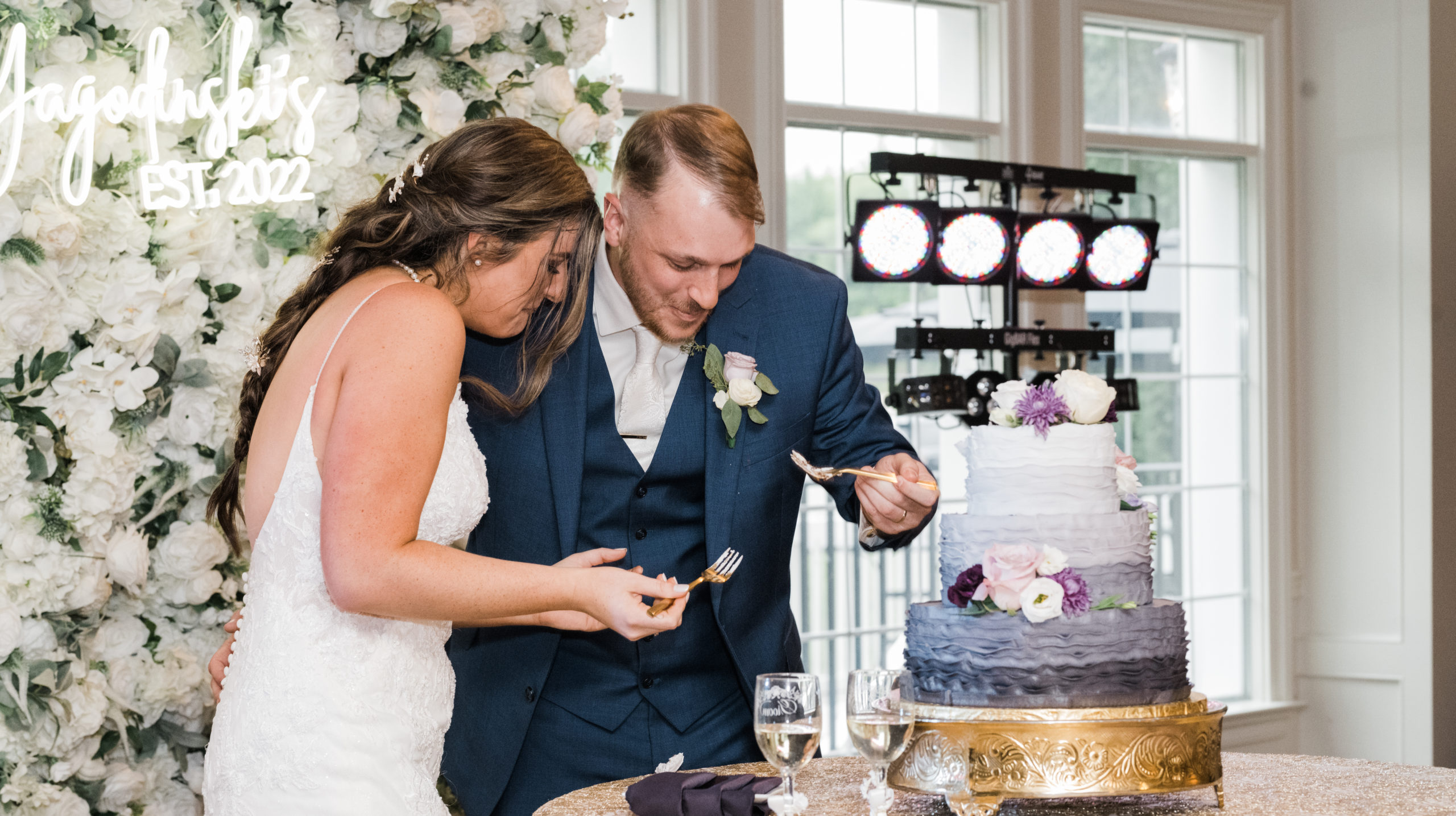 Cake cutting photo Black Iris wedding Carmel, Indiana